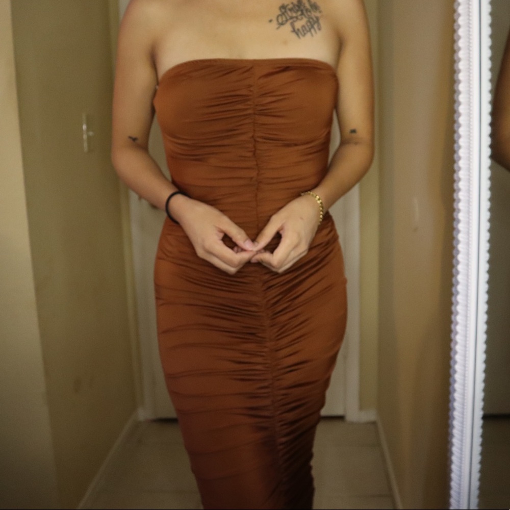 Brown ruched tube top midaxi dress